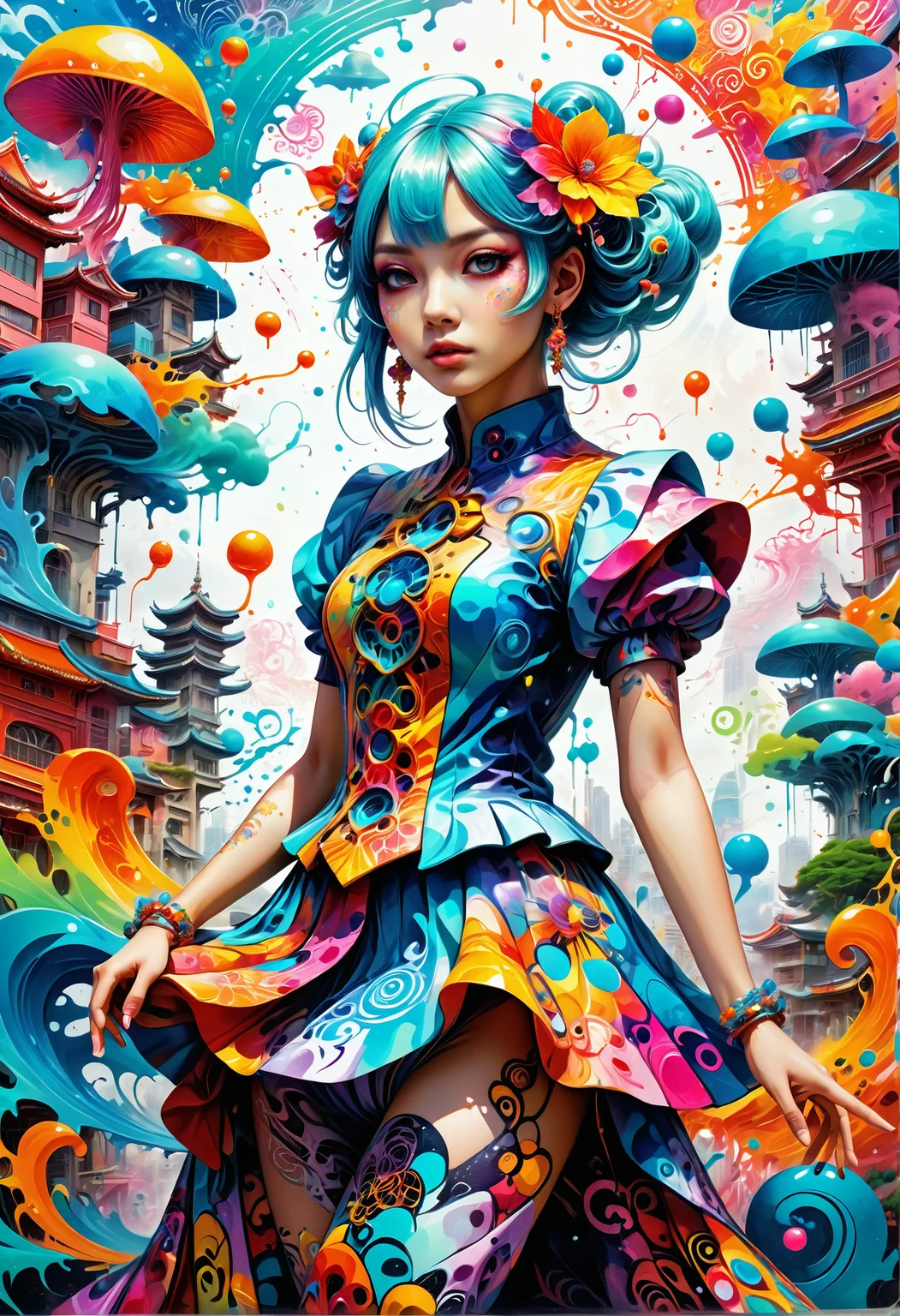 (((masterpiece))) , (((best quality))) , anime style, 2d, colorful, Timeless , ( 1girl, solo:1.3) , she is wearing Graffiti Street Art fashion style Dress, pants, detailed background, in focus, Contemporary, Bimbocore, 64K, HDR, otherworldly, womanly, celestial, fabulous colors, beautiful, illustrious quality, deep aesthetic, Jed-Splash, colourful, <lora:ColourfulStyle:0.7>