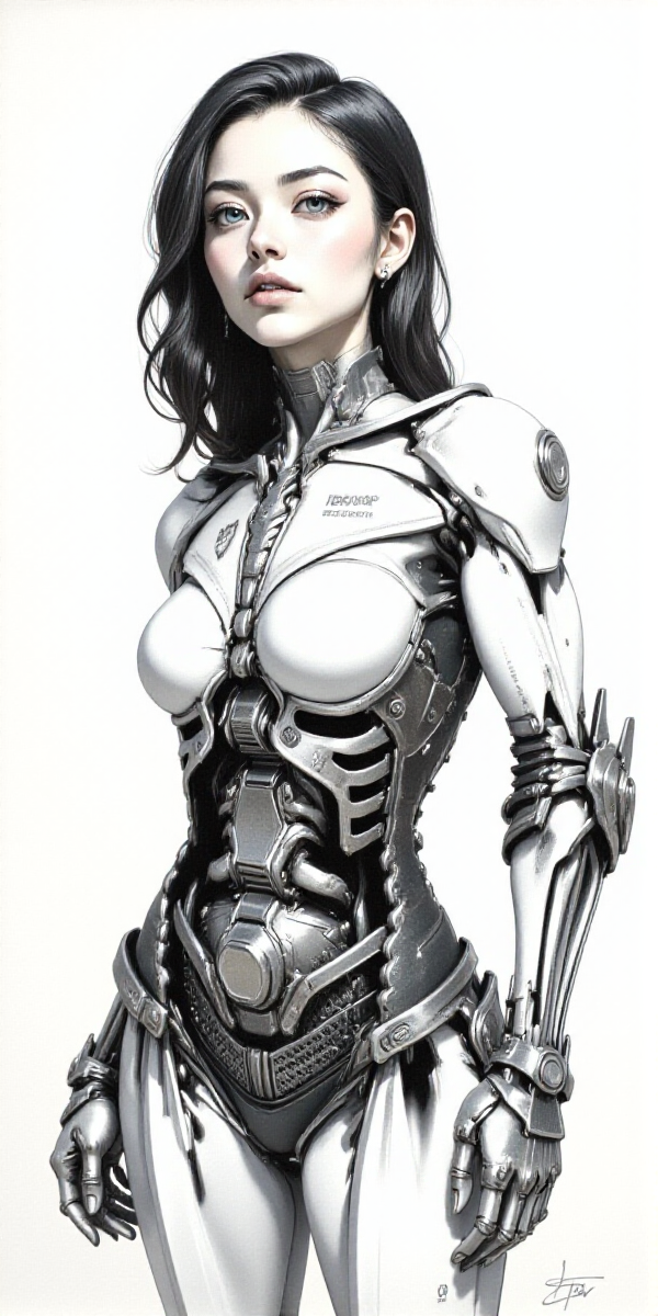 Japanese Ink Drawing, cybernetic robot detailed photography, surreal detailed cinematic scene, hyperrealistic details, beautiful cyborg girl, perfect girl with luxury and sleek robotic body, product of futuristic corporation, white and black steel environment and theme,  intricate details, delicate sharp lines, moloch ilustration style   <lora:Midjourney_-_SemiReal_Dreams_FLUX_LoRA:1>  <lora:flux-photo_beta_transparent:1> <lora:BLUE_mk4_angel_FLUX_06:1.2> <lora:BLUE_mk4_angel_FLUX_04:0.5> . android, AI, machine, metal, wires, tech, futuristic, highly detailed, ink drawing, inkwash, Japanese Ink Drawing