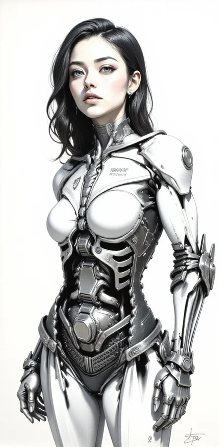 Japanese Ink Drawing, cybernetic robot detailed photography, surreal detailed cinematic scene, hyperrealistic details, beautiful cyborg girl, perfect girl with luxury and sleek robotic body, product of futuristic corporation, white and black steel environment and theme, intricate details, delicate sharp lines, moloch ilustration style <lora:Midjourney_-_SemiReal_Dreams_FLUX_LoRA:1> <lora:flux-photo_beta_transparent:1> <lora:BLUE_mk4_angel_FLUX_06:1.2> <lora:BLUE_mk4_angel_FLUX_04:0.5> . android, AI, machine, metal, wires, tech, futuristic, highly detailed, ink drawing, inkwash, Japanese Ink Drawing