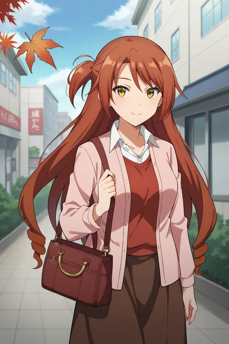 score_9, score_8_up, score_7_up, source_anime, eikokawasegawa, <lora:kawasegawa_eiko_XL:0.8>, 1girl, solo, red hair, long hair, one side up, braid, drill hair, yellow eyes, medium breasts, pink jacket, open jacket, red sweater, white shirt, collared shirt,
brown skirt, long skirt, handbag, looking at viewer, smile, cowboy shot, outdoors, autumn leaves, city