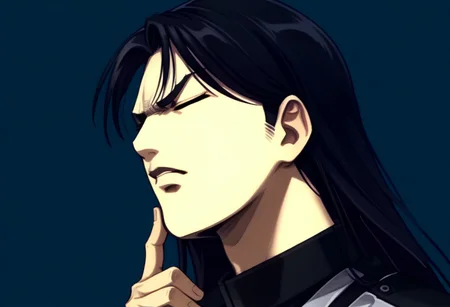 score_9, score_8_up, score_7_up, detailed background, cromartie, 1 boy, shade face, cromartie, anime screencap,hugbaldw, (grey cutoff jacket:1.2), body harness with holy cross design, long black hair, black shirt, black pants, (hand on chin:1.2), eyes closed, solo