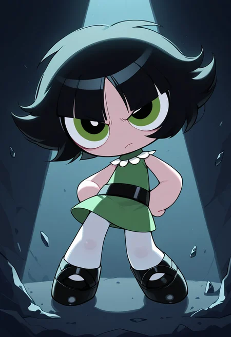 <lora:Powerpuff_Girls-000037:0.8>, 
buttercup \(ppg\), chibi,
black hair, short hair, green eyes, 
expressive eyes,
cold color, volumetric lighting,
BREAk, 
green dress, black belt, 
white pantyhose, black shoes,
dark room, 
looking at viewer,
full body, 
1girl,solo,
Annoyed,