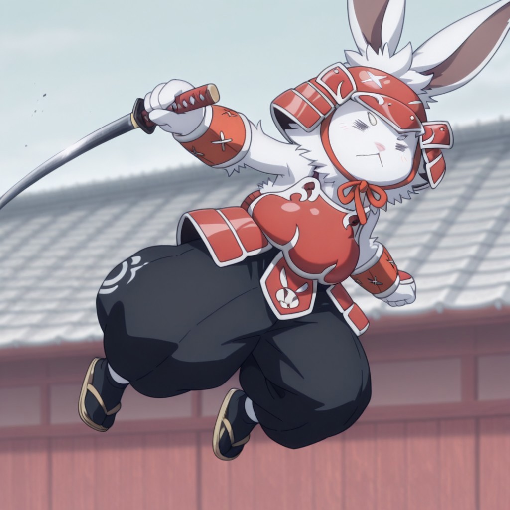 masterpiece, best quality, amazing quality, CeecrueslfIL, semi-anthro, male, rabbit, white fur, = =, red Samurai armor, red Samurai helmet, baggy black pants, white trim, black socks, tan sandals, solo, outside, holding katana, jumping, swinging katana