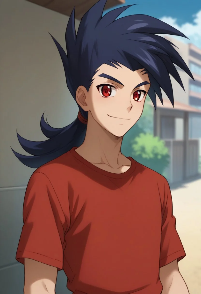 score_9, score_8_up, score_7_up, source_anime, highly detailed, 
kamui, male focus, 1boy, red eyes, solo,shirt, red shirt,
upper body, smile, looking at viewer, blue hair, long hair, ponytail, spiked hair, 
outdoor,