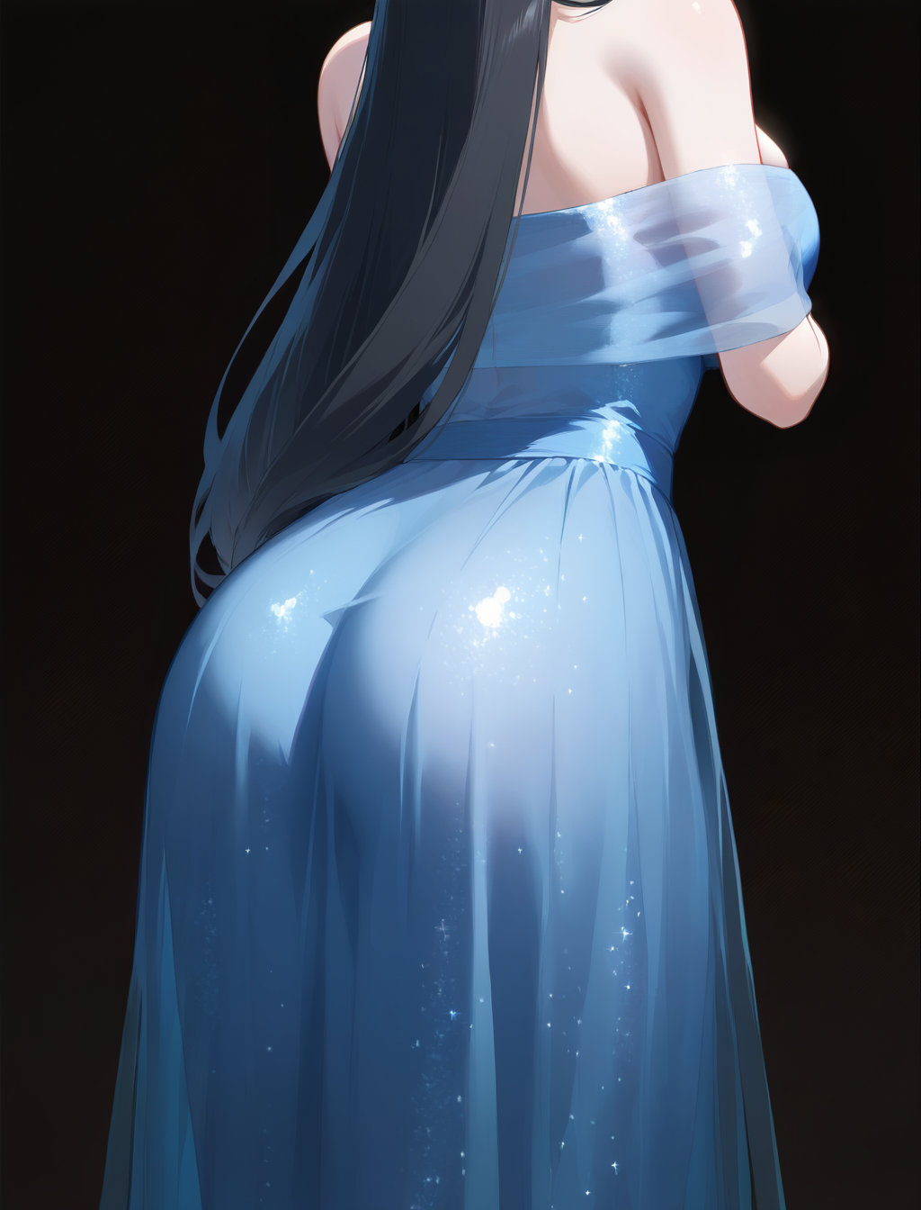 masterpiece,best quality,amazing quality,1girl,solo,cowboy_shot,from_behind, face away, 
<lora:人物loras\ill\xiayao3\xiayao3.safetensors:1.0>,black_hair, long_hair, straight_hair,
BSdress1，
blue dress,bare shoulders,off shoulder,off-shoulder dress,long dress,cleavage,see-through,
black_background, 