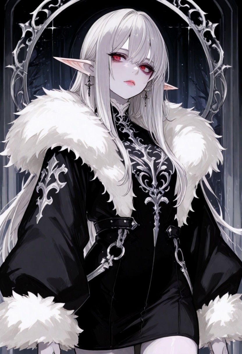 score_9, score_8_up, score_7_up, 1girl, earrings, elf, fur trim, grey hair, jewelry, lips, pale skin, pointy ears, long hair, solo, white hair, cowboy shot, black dress