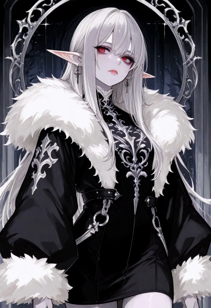 score_9, score_8_up, score_7_up, 1girl, earrings, elf, fur trim, grey hair, jewelry, lips, pale skin, pointy ears, long hair, solo, white hair, cowboy shot, black dress