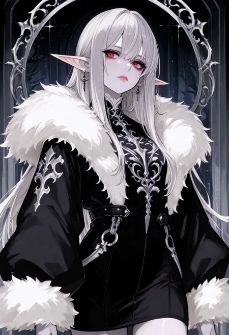 score_9, score_8_up, score_7_up, 1girl, earrings, elf, fur trim, grey hair, jewelry, lips, pale skin, pointy ears, long hair, solo, white hair, cowboy shot, black dress