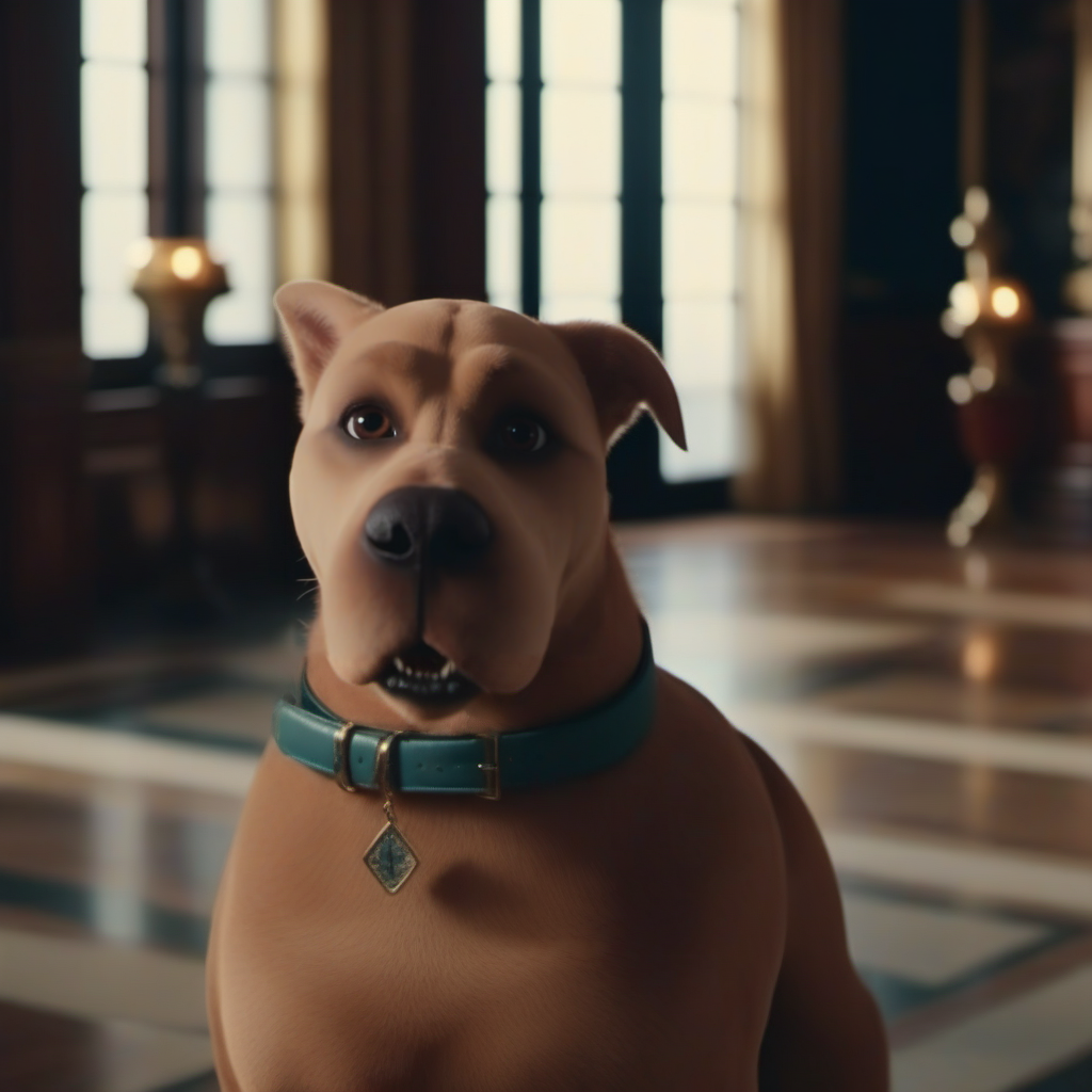 cinematic photo a dog with a collar in a mansion <lora:ScoobyDoo1024:0.8> . 35mm photograph, film, bokeh, professional, 4k, highly detailed