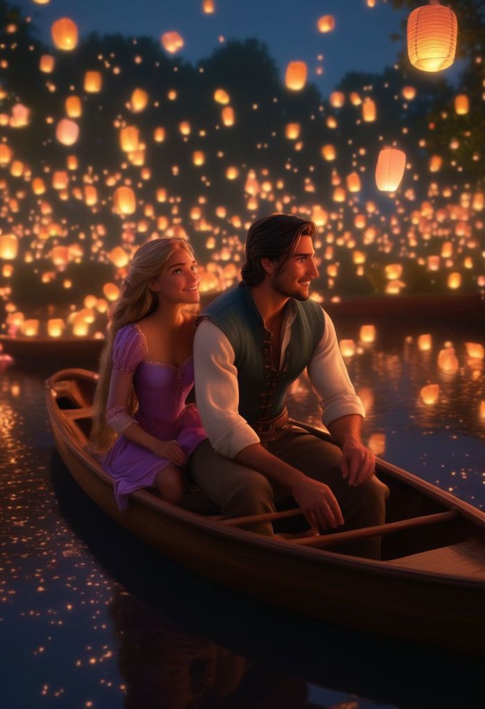 romance, 1man, 1girl, full body shot, realistic, stunningly realistic, trending on artstation ,  FlynnRider, Rapunzel, 1man, 1girl, realistic, on a canoe, night,, high angle, lanterns, magical ambiance, surrounded by lights, (masterpiece), best quality, highres, 4k, 8k, intricate detail, cinematic lighting, amazing quality, amazing shading, soft lighting, 35mm, analog style, a realistic photo, film grain, (photorealistic:0.6), taken by a canon eos r5, ultra detailed skin, ultra detailed face,  chromatic aberration, colorful, bright colors,