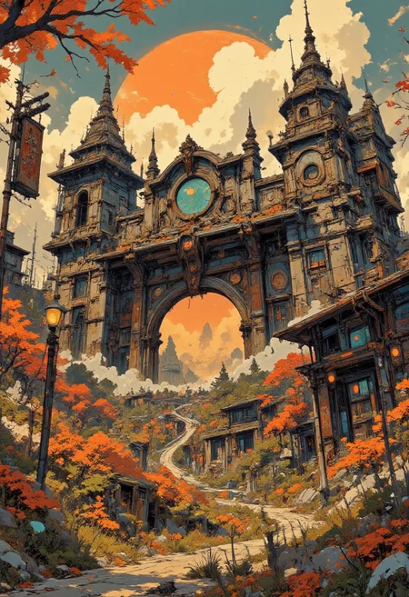 A fantastical, ancient Japanese cityscape with ornate, aged architecture. The central focus is a grand, weathered gate made of stone and wood, adorned with intricate carvings and a large circular window. The gate is flanked by two tall, spired towers on either side, each topped with elaborate finials. The buildings surrounding the gate are multi-tiered, with sloping, tiled roofs and windows with wooden shutters. To the left, a wooden sign with Japanese characters hangs from a pole, adding to the historical ambiance. The foreground features a winding, stone-paved pathway leading towards the gate, flanked by lush, green foliage and vibrant red-orange autumn leaves. Small, rocky outcrops dot the pathway, and a few wooden lanterns add to the mystical atmosphere. The overall color palette is dominated by warm oranges, reds, and greens, with a touch of cool blue in the sky and the stone architecture. The scene is rich in detail. In the style of ff-td, vintage art, Fancha style. orange sphere on the background