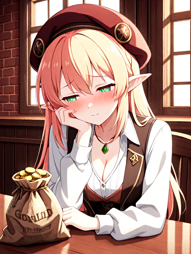 absurdres, explicit, gold coin, burlap bag, bag on table, upper body, 1girl, cleavage, breasts, vest, shirt, jewelry, guild interior, brick wall, indoors, pointy ears, beret, shy, blush, half-closed eyes, window, head on arm, <lora:coinbag_ilxl:1>