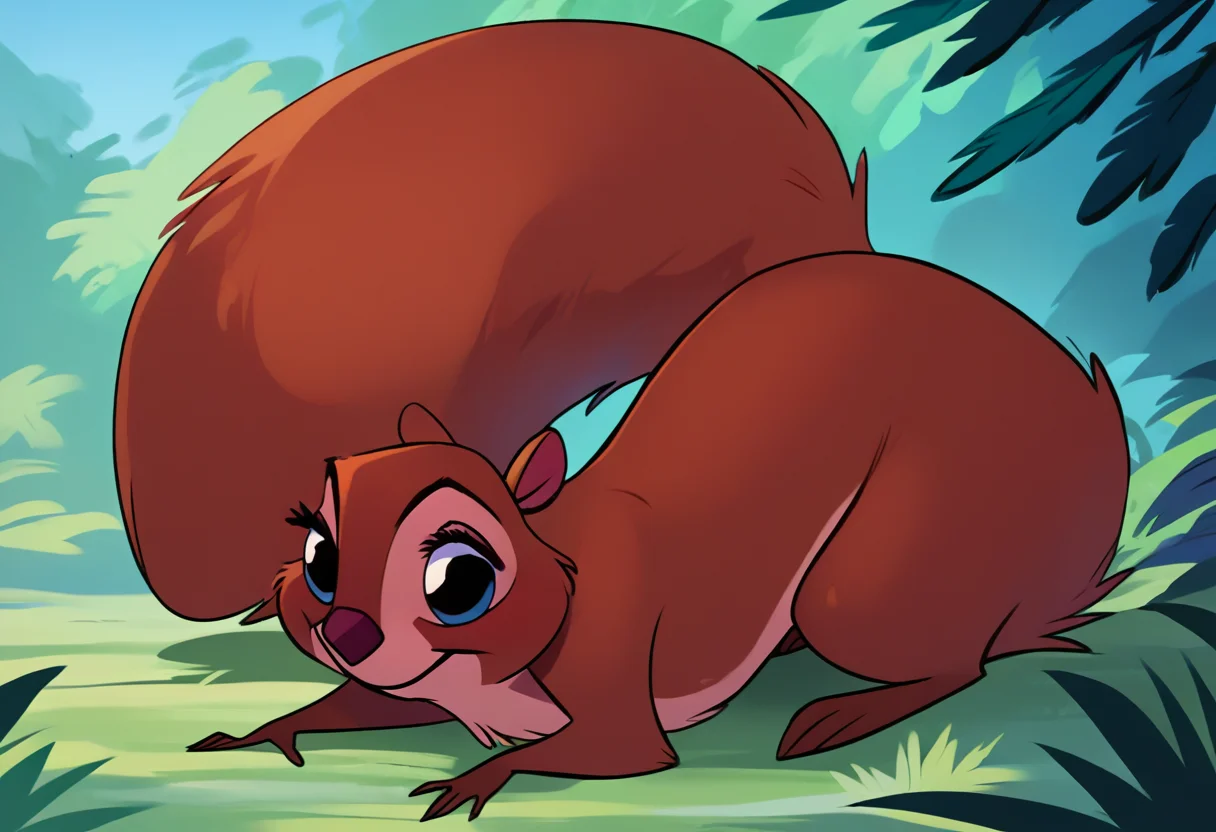 (best quality), score_9, score_8_up, score_7_up, score_6_up, score_5_up, score_4_up, source_furry, source_cartoon, outdoors, BREAK, <lora:Girl_Squirrel_Hazel_the_Sword_in_the_Stone_Pony-000010:1>, hazel_\(sits\), tree squirrel, 1girl, feral, tail, solo, red fur, closed mouth, smile, on all fours, full body