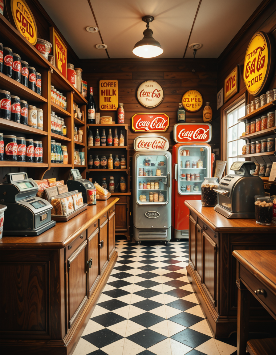 A vintage 1950s grocery store filled with nostalgic details. Wooden shelves neatly stocked with classic canned goods, glass soda bottles, and colorful retro packaging. An old-fashioned cash register sits on the wooden counter, next to a small scale for weighing produce. The checkered black-and-white tile floor adds to the mid-century charm, while hand-painted signs on the walls advertise milk, bread, and coffee in bold, retro fonts. A display of penny candy in glass jars sits near the entrance, and a vintage Coca-Cola refrigerator hums in the background. Soft, warm lighting casts a nostalgic glow over the scene, enhancing the rich textures of wood, glass, and metal, capturing the essence of a bygone era.
<lora:SDXLFaeTastic2400:0.4> <lora:extremely_detailed:0.4> extremely detailed
,1950s grocery st0r3, <lora:1950s_grocery_st0r3-i:1>, Masterpiece,best quality,hi res,8k,hi res,8k,award winning,(sharp focus, intricate, highly detailed),