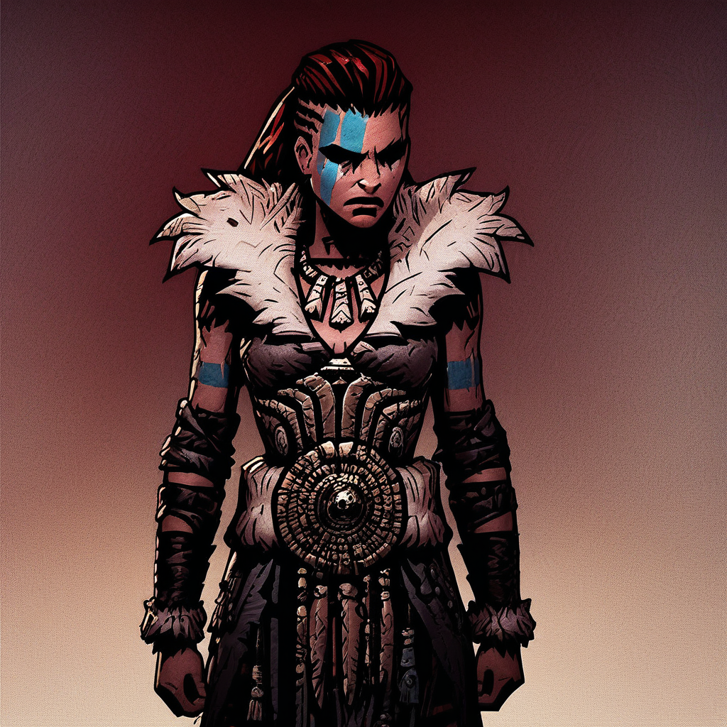 score_9, score_8_up, score_7_up, masterpiece, best quality, newest, absurdres, highres, DDstyle, official style, 1girl, HellionDD-Il.V1.0, jewelry, necklace, red hair, armor, leather armor, fur coat, red hair, tribal, clevage,