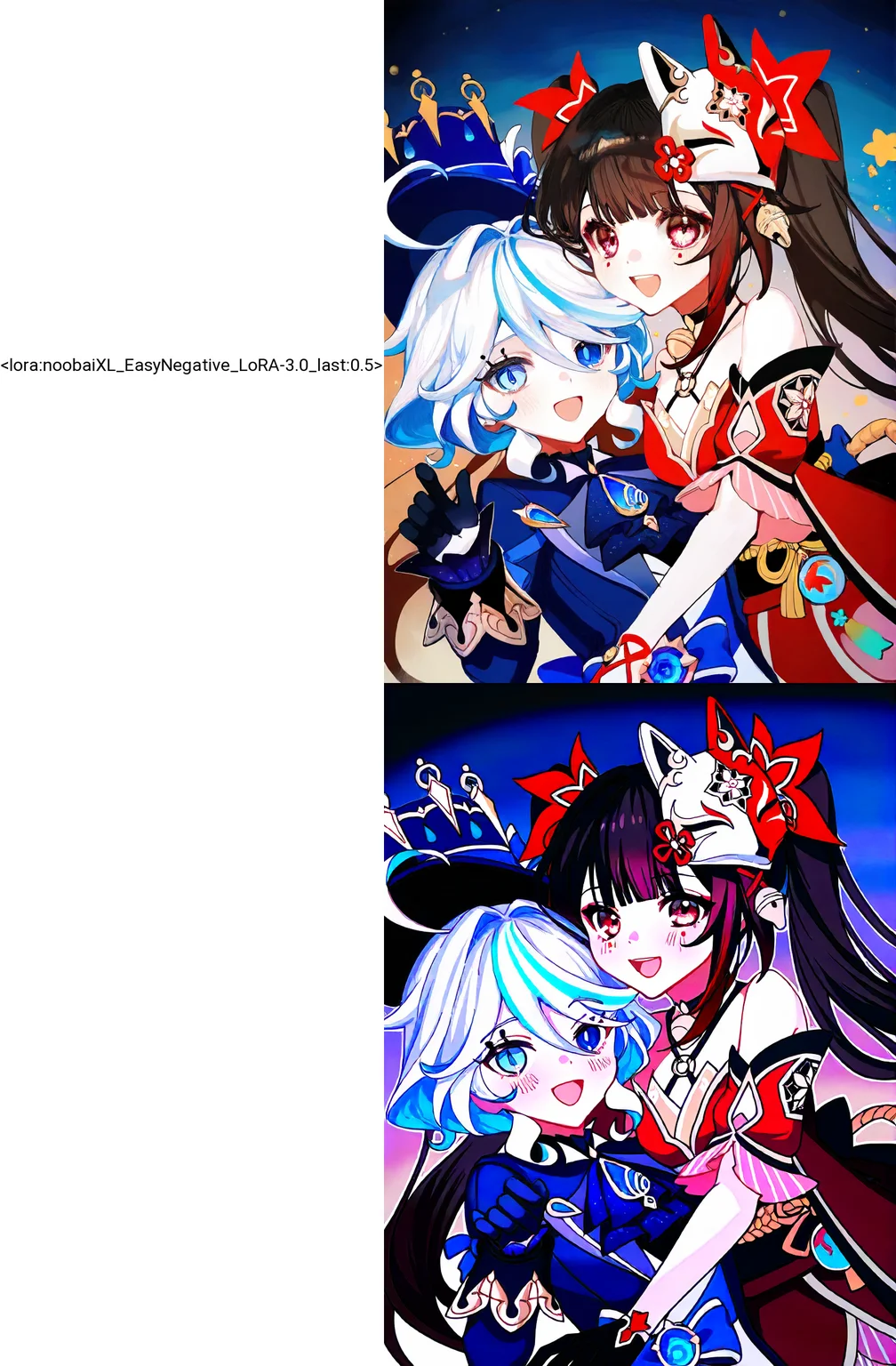2girls, 
furina \(genshin impact\), sparkle \(honkai: star rail\), 
(ningen mame:0.907), ciloranko, noyu \(noyu23386566\), morikura en, 
hair between eyes, :d, red eyes, pink hair, streaked hair, red dress, sash, obi, open mouth, blush, short hair, blue eyes, upper body, smile, black gloves, blue hair, short sleeves, blue dress, ahoge, bare shoulders, looking at viewer, blue gloves, sleeveless, black headwear, detached sleeves, heterochromia, dress, mask on head, puffy sleeves, mask, puffy short sleeves, gloves, sleeveless dress, multicolored hair, 
safe