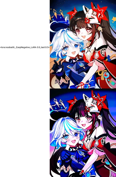 2girls,
furina \(genshin impact\), sparkle \(honkai: star rail\),
(ningen mame:0.907), ciloranko, noyu \(noyu23386566\), morikura en,
hair between eyes, :d, red eyes, pink hair, streaked hair, red dress, sash, obi, open mouth, blush, short hair, blue eyes, upper body, smile, black gloves, blue hair, short sleeves, blue dress, ahoge, bare shoulders, looking at viewer, blue gloves, sleeveless, black headwear, detached sleeves, heterochromia, dress, mask on head, puffy sleeves, mask, puffy short sleeves, gloves, sleeveless dress, multicolored hair,
safe