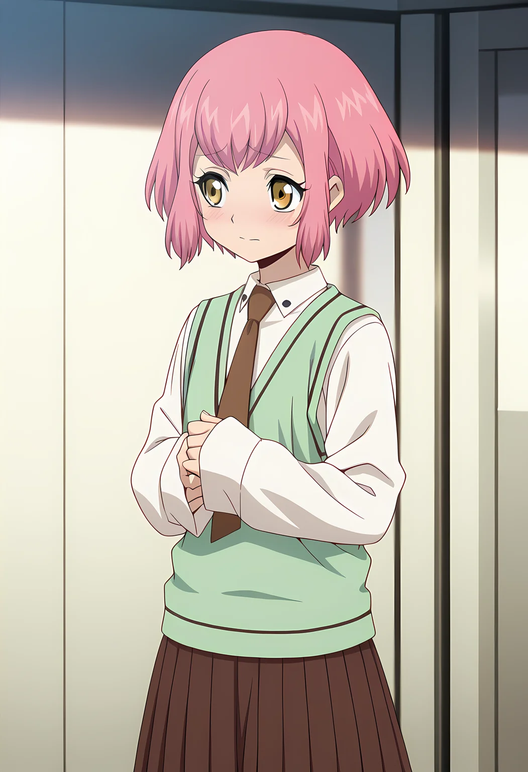 masterpiece,best quality,amazing quality,

1girl, solo,

Urara Haneyama (Cardfight Vanguard), pink hair, short hair, yellow eyes,

school uniform, brown skirt, brown necktie, white shirt, collared shirt, long sleeves, sweater vest, sleeves past wrists, pleated skirt,

cinematic, shy, fidgeting arms,

Indoors, 

Lens flare, bloom,

Official style, anime screencap, anime coloring,
















