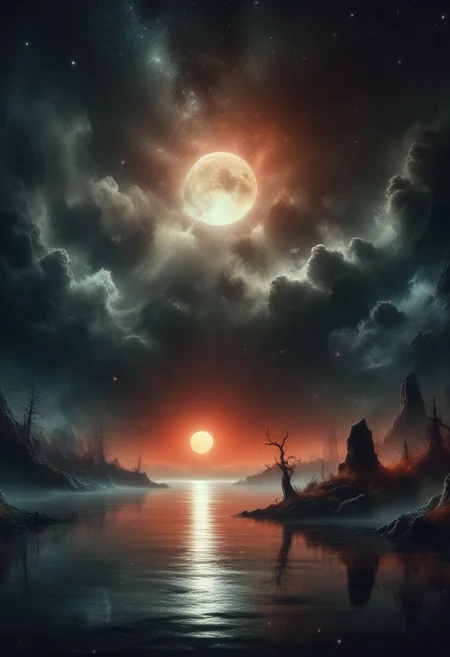 gradient night, dark black moody, (jankyard:1.2), distant small moon, desolate lake, 8k, hdr, high contrast, black and orange