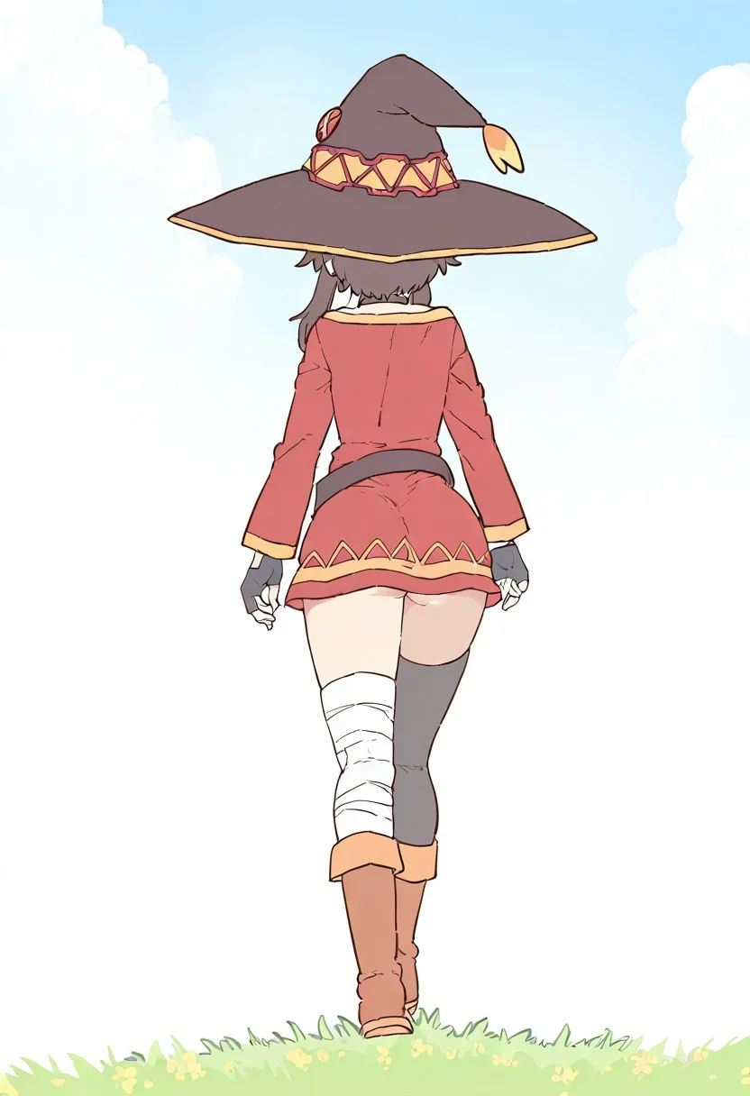 very awa, masterpiece, best quality, year 2024, newest, highres,very aesthetic, absurdes, detailed eyes, beautiful, detailed background, perfect eyes, kireinamo, <lora:kireinamoCIVITAI:1>
1 girl, megumin \(kono subarashii sekai ni shukufuku wo!\), brown hair, witch hat, red dress, short skirt, sexy ass, Grassfield, walking, full body, from behind,