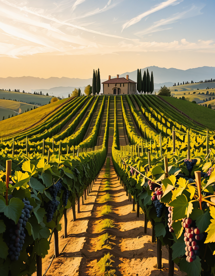A breathtaking vineyard stretching across rolling hills, bathed in the warm golden light of late afternoon. The neatly aligned rows of grapevines are lush and vibrant, their deep green leaves contrasting with the rich, fertile soil beneath them. The vines are heavy with ripe, plump grapes in shades of deep purple and rich green, glistening under the sunlight. In the background, a rustic stone farmhouse with a terracotta roof sits atop a small hill, surrounded by tall cypress trees. A narrow dirt path winds through the vineyard, leading towards the farmhouse. The sky is a soft blue with wispy clouds scattered across the horizon. In the distance, a range of low mountains adds depth to the landscape. The atmosphere is peaceful and idyllic, evoking the charm of a traditional wine-growing region like Tuscany or Bordeaux. 
<lora:SDXLFaeTastic2400:0.4> <lora:extremely_detailed:0.4> extremely detailed
,v1n3y4rd <lora:v1n3y4rd-i:1>, Masterpiece,best quality,hi res,8k,hi res,8k,award winning,(sharp focus, intricate, highly detailed),