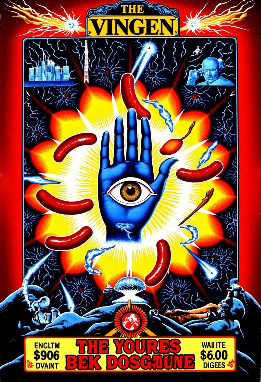 Slot machine graphics from front view . Disturbing scenes of addiction, people injecting drugs heroin, white powder, drinking alcohol smoking cigarettes. very strange surrealist style with holographic vortex featuring swirls of holotropic colour and glowing eyes wet distorted factory shot. On the television sets are glowing hands, with electricity coming off the finger tips. swirling around her head are holograms of  glyphs chaos magick symbols. the room has thick electricity cables and smoke is coming off them. large wet glistening slices of wet soggy ham and hot dogs are floating in the air, dripping gooey sauce combining mustard and blood, there are multiple wet hotdogs floating. on the wall in the background are photos of nuclear explosions