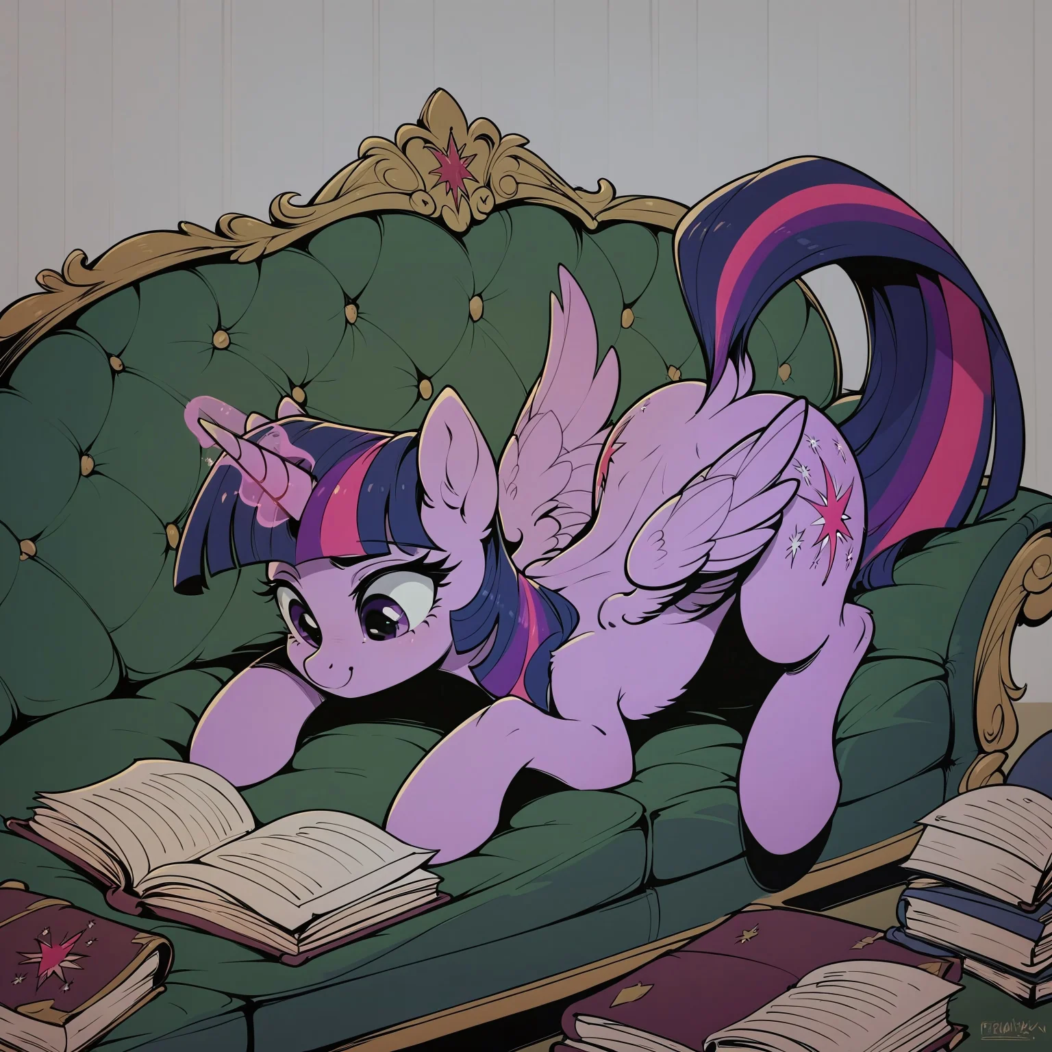 safe_pos, score_9, score_8_up, score_7_up, score_6_up, score_5_up, score_4_up, (night colors:1.1), twilight sparkle, alicorn, pony, g4, ass up, book, both cutie marks, butt, couch, cute, dock, glowing, glowing horn, horn, levitation, magic, mare, plot, reading, solo, spread wings, tail, telekinesis, thighs, twilight sparkle (alicorn), wings