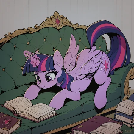 safe_pos, score_9, score_8_up, score_7_up, score_6_up, score_5_up, score_4_up, (night colors:1.1), twilight sparkle, alicorn, pony, g4, ass up, book, both cutie marks, butt, couch, cute, dock, glowing, glowing horn, horn, levitation, magic, mare, plot, reading, solo, spread wings, tail, telekinesis, thighs, twilight sparkle (alicorn), wings