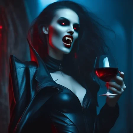 Techwear fashion <lora:Vampire_Collection-sdxl1.0:1> vampcol, ultra realistic, analog photography, film grain, dark fantasy style, dark art painting, chiaroscuro lighting, masterpiece, best quality, amazing quality, full body shot, female vampire with fangs, vampire fangs, wrinkle skin, stone-like skin, very pale, red eyes, modern sensual dress, at midnight, she's in a dance club drinking wine showing her vampire teeth (Gerald Brom) . Futuristic, cyberpunk, urban, tactical, sleek, dark, highly detailed