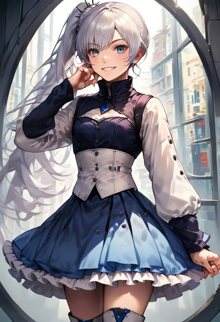 weiss_schnee, rwby, 1girl, solo, white_hair, blue_eyes, long hair, side ponytail, score_9, score_8_up, score_7_up, score_6_up, score_5_up, score_4_up, source_anime, masterpiece, best_quality, cowboy shot, smiling, wide smile, crazy smile, realistic skin, realistic hair, white jacket with high collar, frilly white skirt, white boots, standing, hand on cheek, looking down, looking at the viewer, kyoukieyes