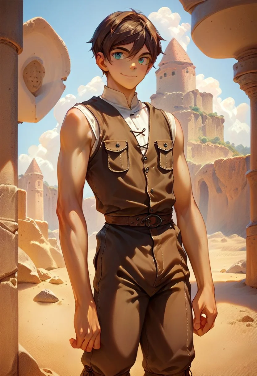 score_9, score_8_up, score_8_up, 1boy, handsome twink, (slim:1.2), masterpiece, brown hair, cyan eyes, medieval clothing, medieval pants, medieval shirt, detailed cloth clothing, detailed background, flat desert background, sandy desert, standing up, seto, neutral expression, light smile, light tan