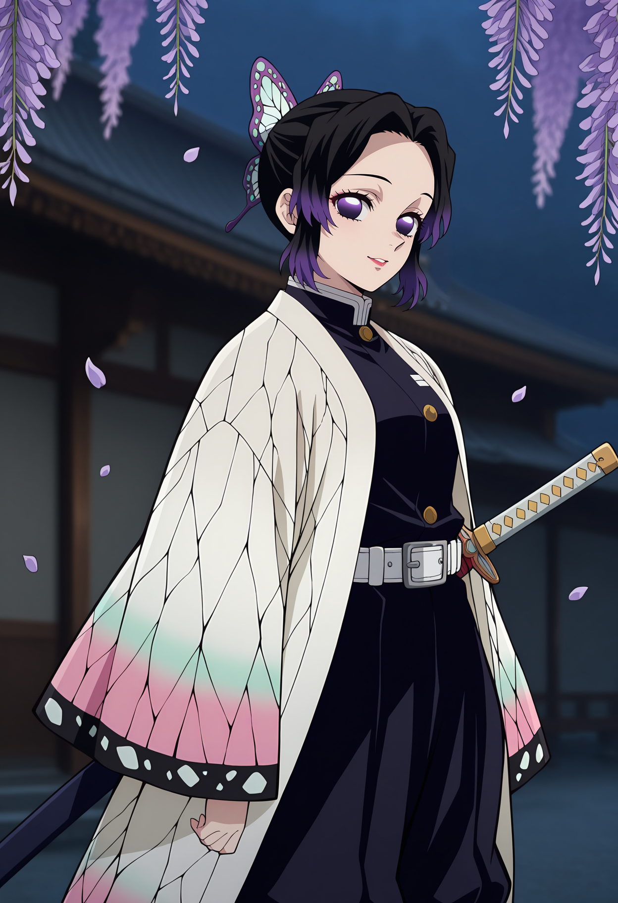 anime screencap, masterpiece, best quality,
<lora:KimetsuNoYaiba_KochouShinobu_IlluXL:0.9>,
1girl, solo, parted lips, light smile,
short hair, forehead, multicolored hair, black hair, purple hair, purple eyes, butterfly hair ornament, red lips,
white haori, butterfly print, black jacket, wide sleeves, buttons, white belt, puffy pants, black pants,
sheath, katana,
standing, looking at viewer, cowboy shot,
outdoors, blurry background, photo background, night, wisteria, east asian architecture, falling petals