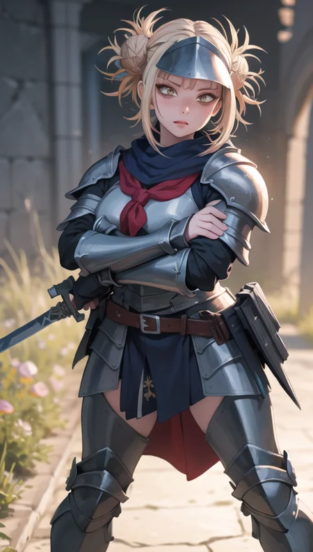 1girl, 3d render, c4d, realistic, Original Character, Fantasy Concept Art, Volumetric Lighting, Best Shadows, Shallow Depth of Field, Portrait Of Noble Knight Man, Dignified, Delicate Tactical Heavy Armor, Opaque Visor, Face Armor, Pauldrons, Tasset Belt, Gauntlet, Poleyn, High Quality Armor Texture, Broad Shoulders, Extremely Tall. Sword Scabbard, Standing Tall, Crossed Arms, Looking At Viewer, Glaring Sunlight, Rose Garden, Rose Thornbush, (Highest Quality, Amazing Details:1.25), (Solo:1.3), Brilliant Colorful Paintings, <lora:TogaHimikoLoRA:1> , detailed, 4k, perfect hands