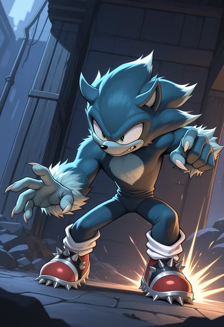 masterpiece,best quality,amazing quality, 1boy, solo, w3r3h0g, furry, green eyes, spiked sneakers, white socks, full body, outside, attack stance,