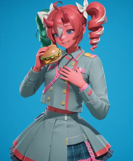 highly detailed, (upper body:1.3), eating burger, hand on own chest, singing, blue background, solid background, 1girl, solo, green hair, twintails, ponytail, long hair, bangs, hair between eyes, hair over one eye, ears, horns, oni horns, single horn, red skin, pink skin, blue eyes, parted lips, bandaid, bandaid on nose, bandaid on thighs, colored skin, hair ornament, hairclip, scrunchie, (kasane teto, boots, bow, buttons, cross-laced footwear, double-breasted, drill hair, frilled skirt, frills, grey jacket, grey skirt, hair bow, jacket, lace-up boots, layered skirt, long sleeves, multicolored hair, red hair, red nails, shirt, skirt, sleeve cuffs, smile, twin drills, white bow, white hair:1.6) <lora:Fortnite_Nemia_Demonically_Cute_Set_ILXL_E29_16_DIM:1>
