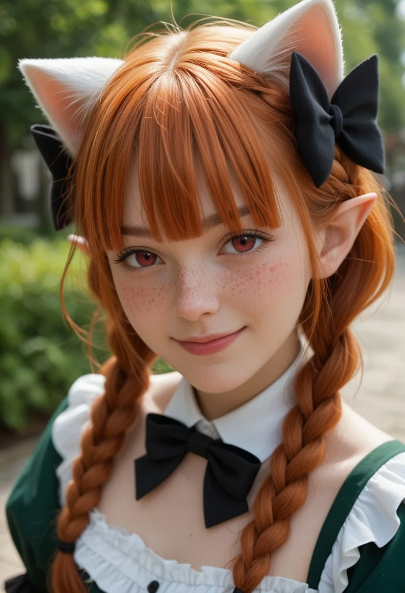 score_9_up, score_8_up, score_7_up, score_6_up, 1girl, solo, 25 years old, perfect face, (adult), sexy,
etailed face, blush, shy smile, portrait, face focus, depth of field, looking at viewer, close up,
red eyes, freckles,
ginger hair, cat ears, braid, twin braids, fang, hair bow, pointy ears, blunt bangs, fang, detached collar,
black bow, green dress, frilled dress, frills,
dynamic pose, dynamic angle,
village,