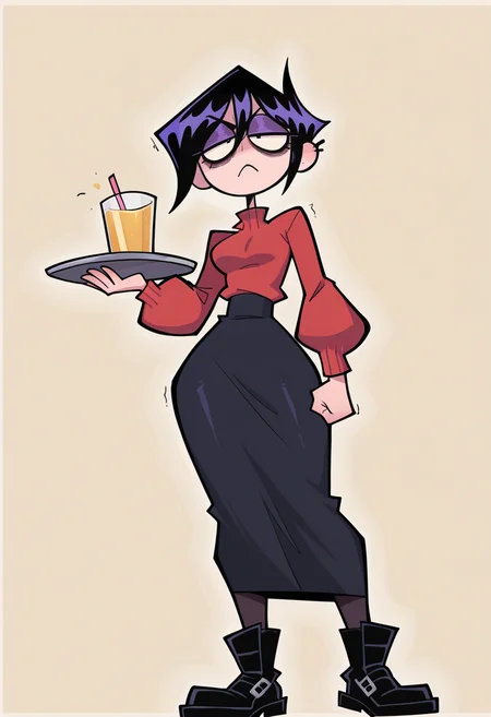 IllustriousQual, masterpiece, best quality, amazing quality, very aesthetic, absurdres, 1girl, solo,
solo, tray, serving, standing,, upset, angry, frown,, low angle view,
<lora:ValbunStyle-IL:0.9> valbun, black hair, short hair, half-closed eyes, bags under eyes, red sweater, puffy long sleeves, black skirt, very long skirt, black pantyhose, black boots, purple eyeshadow, eyelashes, black lips, black eyes,