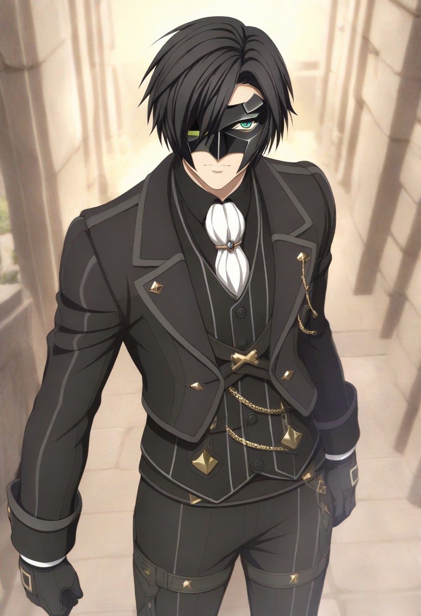 victor (tales), black hair, black mask, one eye covered, green eyes, black jacket, black vest, black shirt, white ascot, black pants, black boots, black gloves, solo, 1boy, standing,