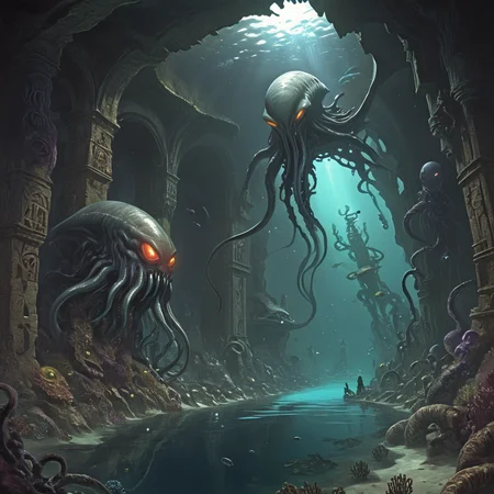 ArsMJStyle, dnddarkestfantasy, <lora:DnD_Darkest_Fantasy_Party:1>, Aboleth's Underwater Domain, The artwork presents the alien realm of an aboleth deep underwater. Enslaved sea creatures with glowing eyes patrol the area. Ruins of a sunken city serve as the aboleth's lair. Mysterious glyphs pulse with eldritch light. The aboleth's tentacles lurk just out of full view., no humans, aboleth, underwater, mind control, ruins, sea creatures, eldritch, dark fantasy, alien, ocean, mystery, horror
