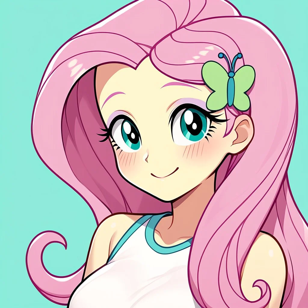 score_9, score_8_up, score_7_up, score_6_up, score_5_up, score_4_up, source_anime, <lora:confetti-extract- ponyxl:0.85>, detailed eyes, easynegative, rating_explicit, Expressiveh, 1girl, solo, 
fluttershy, smiling to viewer, long hair, breasts, looking at viewer, blush, hair ornament, pink hair, aqua eyes, eyelashes, butterfly hair ornament, yellow skin, eyeshadow, butterfly, colored skin, purple eyeshadow, big breasts, shirt, white shirt, sleeveless, sleeveless shirt, bare shoulders, plain shirt