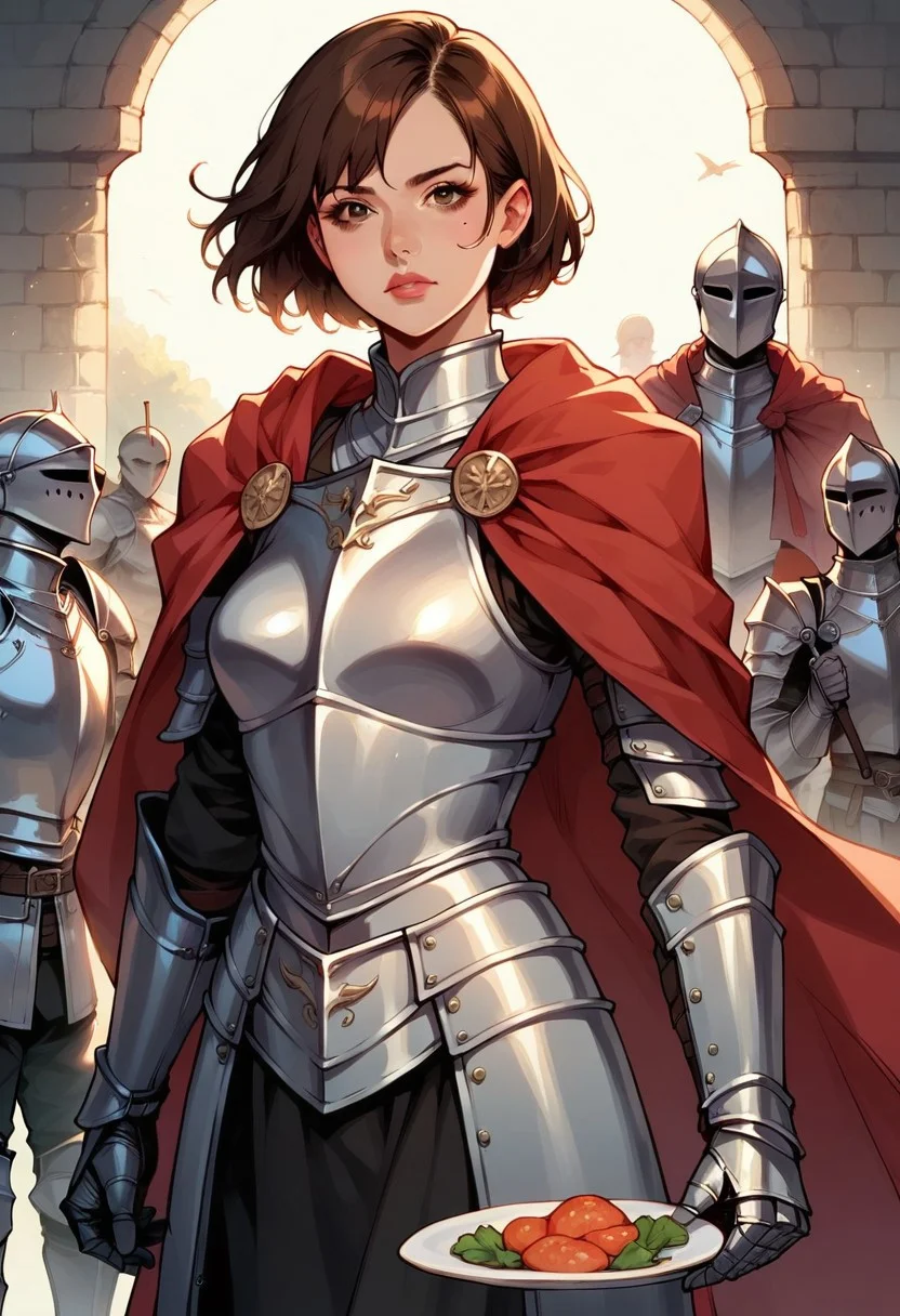 score_9, score_8_up, score_7_up, 1girl, knight, short hair, brown hair, plate armor, red cape, two swords, standing, confident, fantasy, detailed