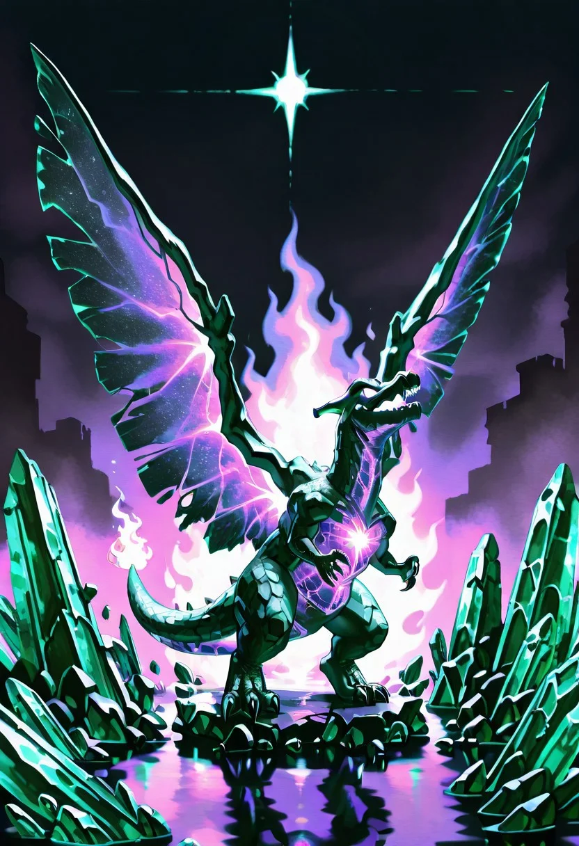 masterpiece, best quality, 
zzCrystalKing, charizard fusion, amethyst crystal wings, smooth polished scales, glowing inner circuitry, plasma tail flame, shattered moon backdrop, cosmic ruins, charging pose, side view, mysterious aura — Hovering before a fractured moon, the amethyst-colored crystal-charizard charges a beam of plasma in its open jaws. Its body glows from within, circuits of violet energy pulsing across smooth crystalline scales. The wings stretch outward like blades of glass, reflecting the broken moonlight. Tail flame flickers between magenta and violet, crackling like stardust. Surrounded by ruins of a forgotten civilization, it radiates power and mystery, a relic reborn in the heart of the stars.