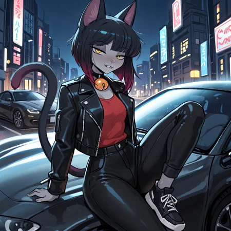 masterpiece, best quality, newest, absurdres, highres, furry, perfect anatomy, 4gn3s,1girl,solo,cat girl,cat ears,multicolored hair,bangs,bob cut,yellow eyes,neck bell,grey skin,cat tail, black jacket, leather jacket, red shirt, black pants, black sneakers, sitting, sitting on car, sports car, night, city, streets, posing, looking at viewer, half-closed eyes, biting lip,