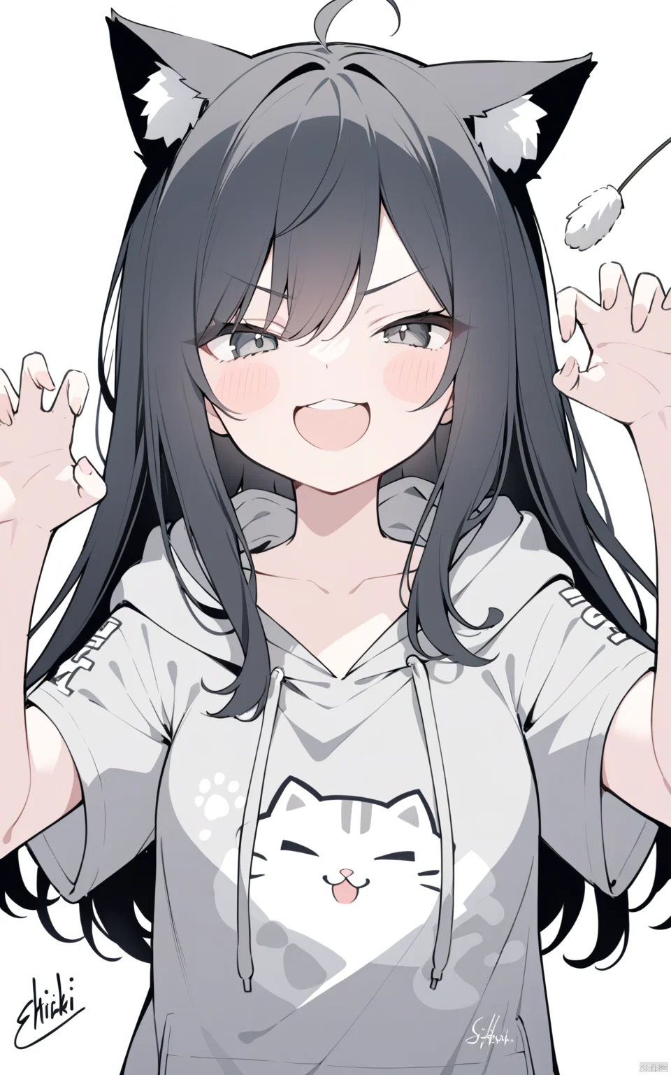 1girl, best quality, short sleeves, hands up, white background, upper body, looking at viewer, v-shaped eyebrows, signature, monochrome, blush, cat ears, straight-on, graphite (medium), shikishi, hair between eyes, upper teeth only, drawstring, smile, hood, half-closed eyes, teeth, sketch, parted lips, hoodie, fake animal ears, cat teaser, artist name, long hair, blush stickers, greyscale, swept bangs, animal ears, collarbone, claw pose, :3, solo, hood down, grin, animal ear fluff, print hoodie, clothes writing, simple background,

masterpiece, newest, absurdres, safe