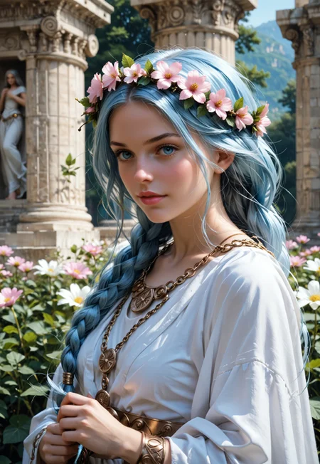 safe_pos, Beautiful woman, 24 years old. Fair skin. Smooth skin. Silvery blue hair. Incredible detail, high clarity. Free hair with braids. Long hair. Pink lips. Good anatomy. Detailed face. Attractive. Curvy. Bosom.
She is wearing a beautiful Greek goddess robe. Ancient temple setting. Flower wreath on head.