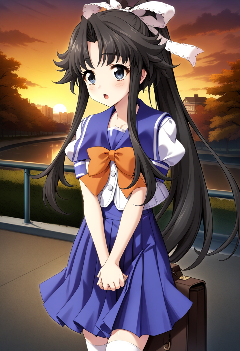 1girl, chisa\(memories off 6\), sunset, autumn, tree, bag, solo, orange sky, autumn leaves, twilight, cloud, sumisora school uniform, puffy short sleeves, orange bowtie, ponytail, black eyes, black long hair, white legwear, building, outdoors, v arms, school briefcase, open mouth, zettai ryouiki, briefcase, leaf, sidelocks, :o, blue pleated skirt, masterpiece, best quality, very aesthetic, absurdres,  <lora:chisa:1>