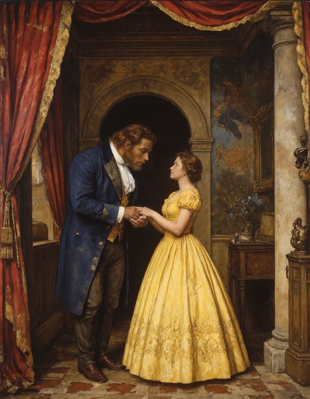 Rembrandt style Disney Classic Beauty and the beast, <lora:Acorn_Jessica:1>, <lora:Mezzotint_Artstyle_for_Flux_-_by_Ethanar:0.5>, <lora:Soviet_Era_AHS:0.5>, Soviet_Era_AHS, <lora:NormanRockwellFlux:0.5> . Animation, fairy tales, musical numbers, expressive characters, bright colors, detailed, professional . Baroque, chiaroscuro, realistic, emotional, "flat lighting