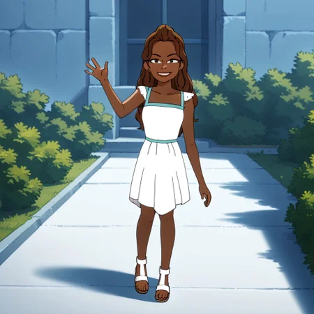 1girl,solo,dark skin,brown hair,long hair,dress,sandals,standing,waving,one hand down,looking at viewer,facing viewer,smirk