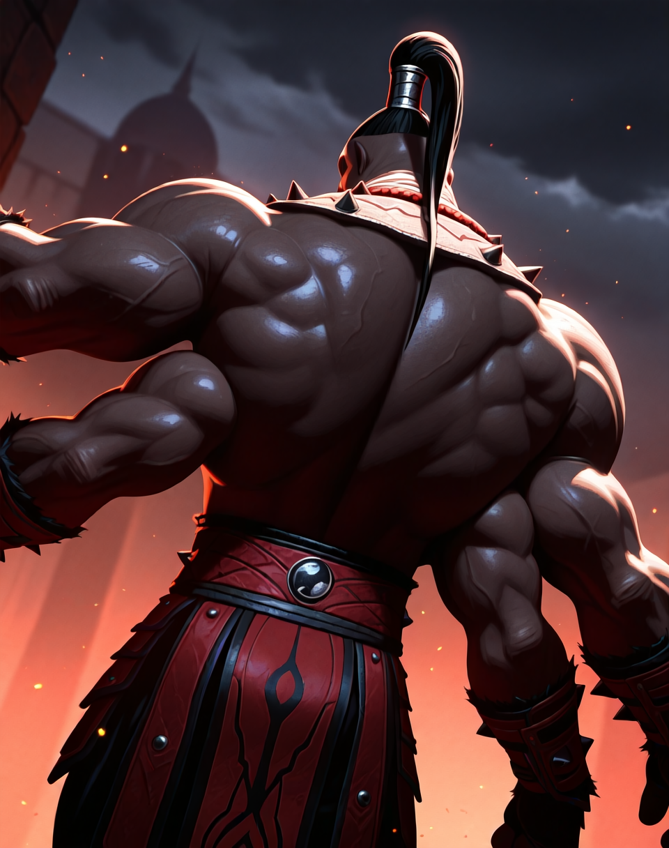 <lora:Goro_(Mortal_Kombat)_(Illustrious)_(AD):1.35> Goro, shokan, Mortal Kombat, 
dutch angle, exterior, palace, dark picture, cowboy shot, dark shadow valley, dark night sky with dark clouds, 
male focus, gradient coloring, villain, back view, butt, 4 arms, 
BREAK very awe, aesthetically pleasing, masterpiece, best quality, amazing quality, very aesthetic, perfect depth of field shot, in'ei, 
Smooth Quality, lazympos, IllustQualXL_Pos,