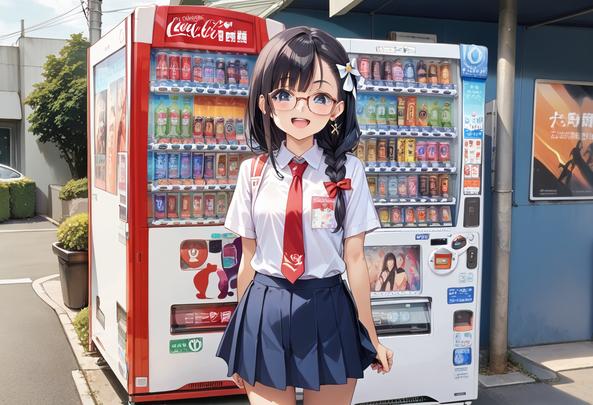 score_9, score_8_up, score_7_up, rating_safe, masterpiece, best quality, absurdres, unity 8k wallpaper, official art, official style, source_anime, uncensored, game cg, megami magazine,
1girl, solo, glasses, black hair, long hair, braid, hair ribbon, collared shirt, red necktie, short sleeves, pleated skirt, blue skirt, looking at viewer, blush, laughing, 
vending machine, outdoors, building, plant, road, day, coca-cola, utility pole
 <lora:jihanki_PONY_V1:1>
